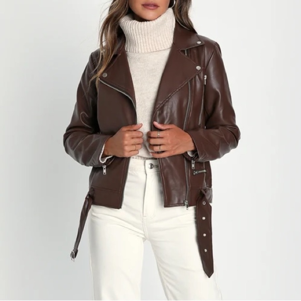 Lulus Brave Behavior Brown Vegan Leather Oversized Moto Jacket